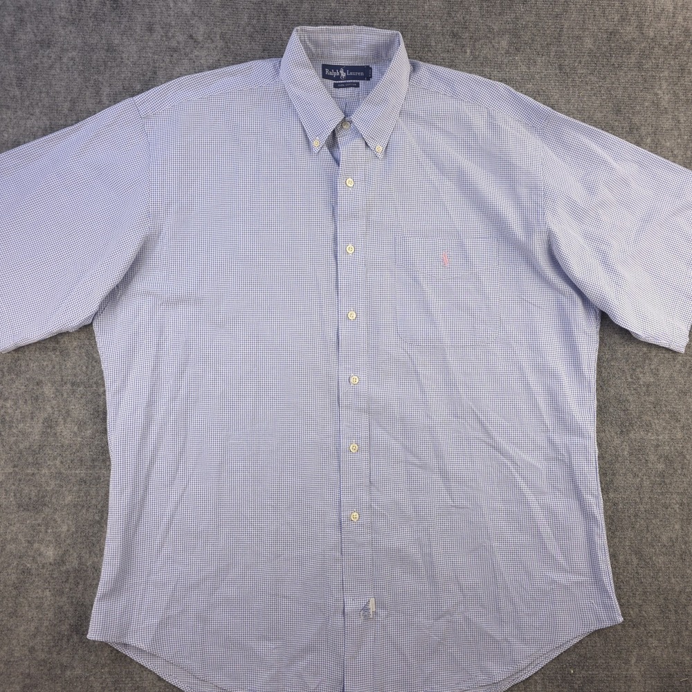 Vintage Ralph Lauren Shirt XL Blue Check Short Sleeve Button‎ Down Pony Cotton